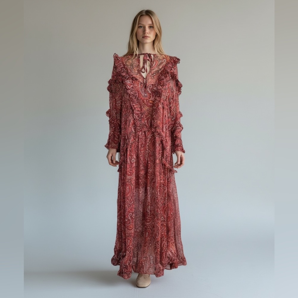 Misa Los Angeles Red Paisley Long Sleeve Dress